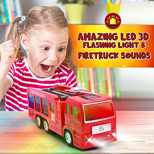 WolVol Electric Fire Truck Toy with Stunning 3D Lights and Sirens, goes Around and Changes Directions on Contact - Great Gift Toys for Kids