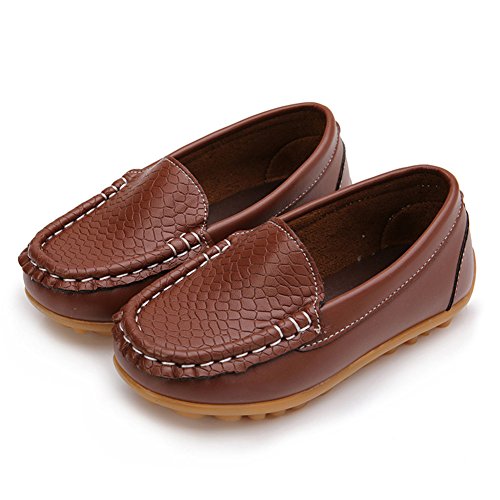 LONSOEN Boys Girls Soft Loafer Slip-On Shoes, Brown Synthetic Leather