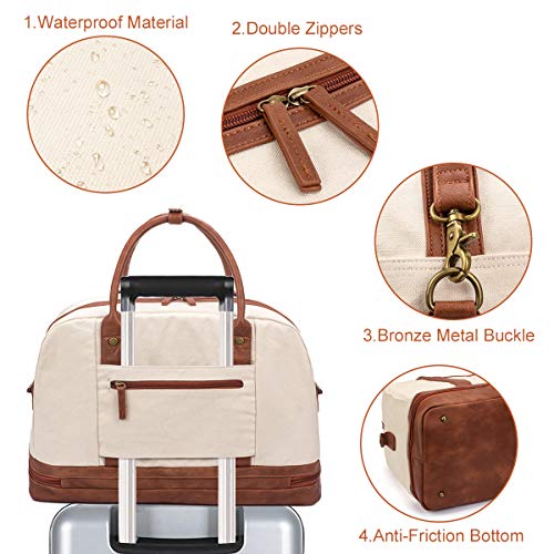 Weekender Bag for Women Canvas Overnight Bag Large Travel Bags for Women Carry on Shoulder Duffle Bag With Shoe Compartment,Perfect for Travel/Daily Use/Birthday Gift (Beige)