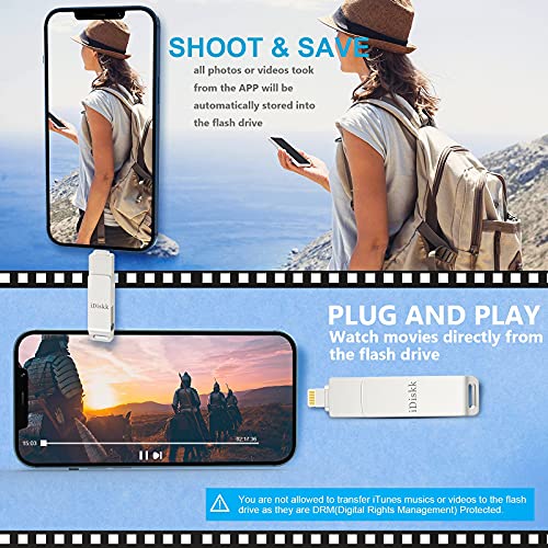 iDiskk 128GB MFi Certified Photo Stick Mobile for iPhone Flash Drive for iPhone 13/13 pro/12/12 mini/12 pro max/11/11 pro/XR/X/XS for iPad,MacBook and PC Photo Storage for iOS iPhone Memory Stick