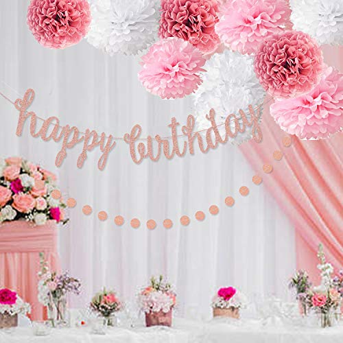 Pink Rose Gold Birthday Party Decorations Set, Rose Gold Glittery Happy Birthday banner, Tissue Paper Pom, Circle Dots Garland and Tassel Garland for Birthday Party Decorations