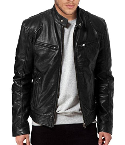 Men's Black Leather Biker Jacket, L