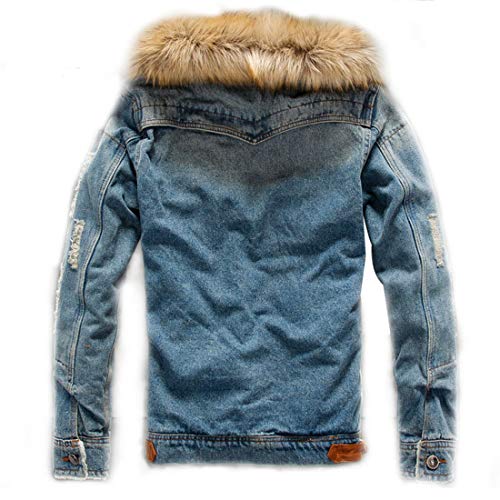 Omoone Men's Button Up Sherpa Fleece Lined Denim Jacket with Faux Fur Collar (Blue, XL)