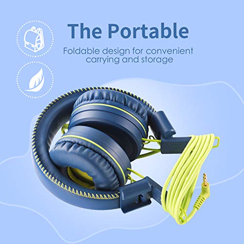 POWMEE M1 Kids Wired Headphones, Foldable Adjustable Stereo On-Ear Headphone for Children (Blue)