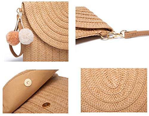 Straw Shoulder Bag Straw Clutch Women Hand-woven Straw Crossbody Bag Summer Beach Envelope Purse Wallet Khaki