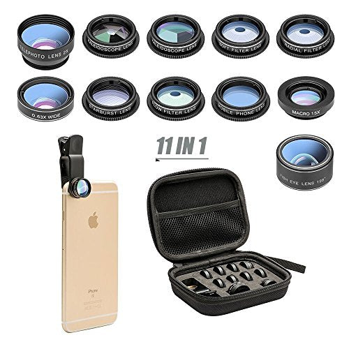11 in 1 Phone Camera Lens Kit - Fisheye, Wide Angle, Macro, Zoom, Filters - Compatible with iPhone, Samsung, and Most Smartphones