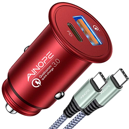 AINOPE USB C Car Charger, Super Mini 48W Fast Charger with PD & QC 3.0 Dual Port for iPhone, Galaxy, Red