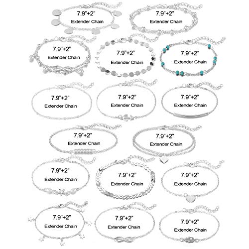 Softones 16Pcs Ankle Bracelets for Women Girls Gold Silver Two Style Chain Beach Anklet Bracelet Jewelry Anklet Set,Adjustable Size