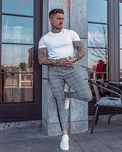 Mens Plaid Pants Slim Tapered Fit Casual Stretch Flat-Front Expandable Waist Checkered Dress Pants (Black Tape Side, XXLarge)