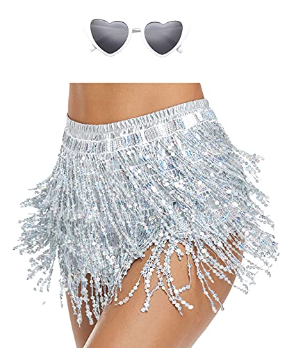 Sequin Fringe Rave Shorts (Silver, S)