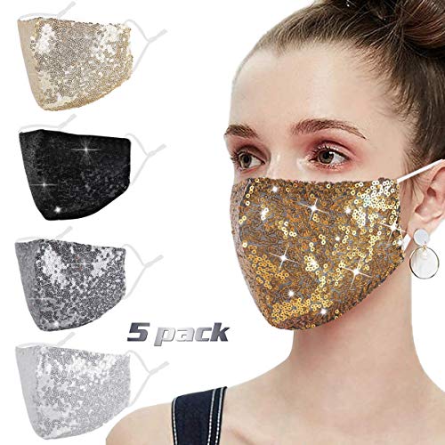 Sparkly Sequin Face Mask with Adjustable Ear Loops for Women, White