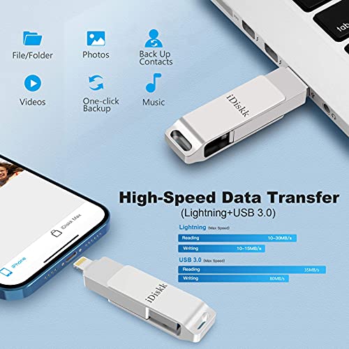 iDiskk 128GB MFi Certified Photo Stick Mobile for iPhone Flash Drive for iPhone 13/13 pro/12/12 mini/12 pro max/11/11 pro/XR/X/XS for iPad,MacBook and PC Photo Storage for iOS iPhone Memory Stick