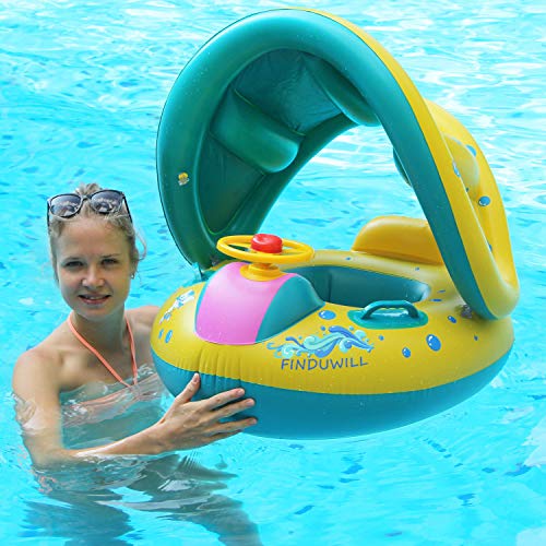 Inflatable Baby Float Swimming Ring with Sun Canopy, Inflator Pump & Waterproof Travel Bag