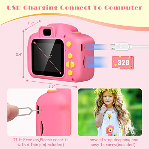 Desuccus Kids Camera Toys for Girls with 5 Games & 32GB SD Card - Pink
