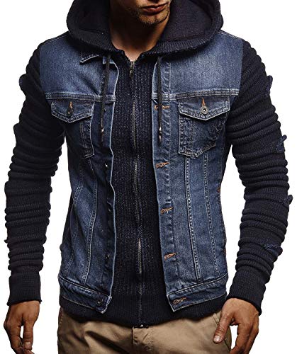 LEIF NELSON Men's Denim Jacket With Knitted Sleeves | Jeans Sweater Jacket With Hood| LN5755; Medium, Blue