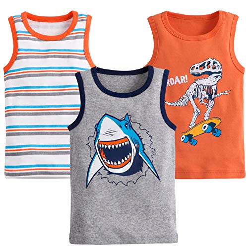 Frogwill Toddler Boys Tank Tops, Shark Dino Stripes, 3-Pack, 4T