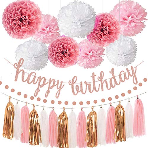 Pink Rose Gold Birthday Party Decorations Set, Rose Gold Glittery Happy Birthday banner, Tissue Paper Pom, Circle Dots Garland and Tassel Garland for Birthday Party Decorations
