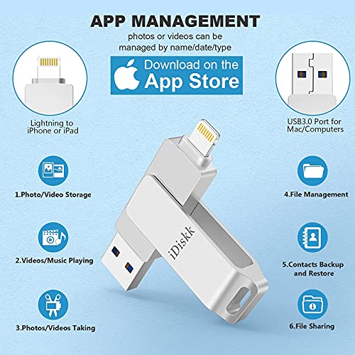 iDiskk 128GB MFi Certified Photo Stick Mobile for iPhone Flash Drive for iPhone 13/13 pro/12/12 mini/12 pro max/11/11 pro/XR/X/XS for iPad,MacBook and PC Photo Storage for iOS iPhone Memory Stick