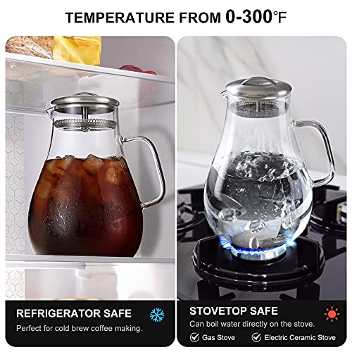 HIWARE 64 oz Glass Pitcher with Stainless Steel Lid, Cleaning Brush Included