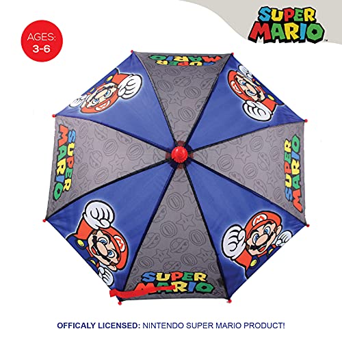 Nintendo Regular Kids Umbrella for Boys, Mario and Luigi Children's Rainwear, for Ages 3-8, Grey/Blue, Age 3-6