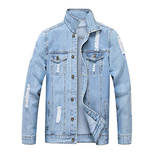 LZLER Jean Jacket for Men, Classic Ripped Slim Denim Jacket with Holes(Blue 1801, L)