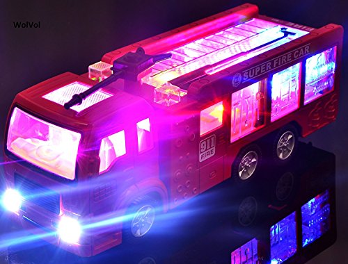 WolVol Electric Fire Truck Toy with Stunning 3D Lights and Sirens, goes Around and Changes Directions on Contact - Great Gift Toys for Kids