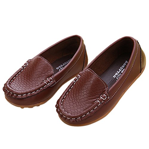LONSOEN Boys Girls Soft Loafer Slip-On Shoes, Brown Synthetic Leather