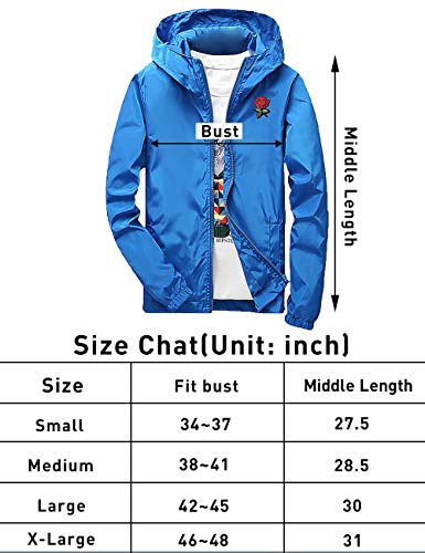 Rexcyril Men's Rose Floral Windbreaker Hooded Jacket Lightweight Solid Color Casual Full Zip Flower Coat Medium Black / White