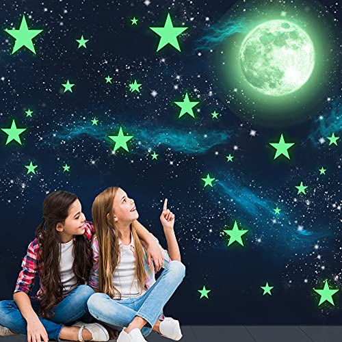 HORIECHALY Glow in The Dark Stars Wall Stickers, 221 Adhesive Bright and Realistic Stars and Full Moon for Starry Sky, Shining Decoration for Girls and Boys, Beautiful Wall Decals for Christmas Gifts (1 Set)
