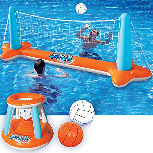 Inflatable Pool Float Set with Volleyball Net & Basketball Hoops
