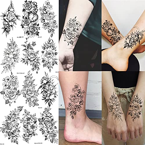 Yezunir 32 Sheets Sexy Realistic Rose Flower Temporary Tattoos