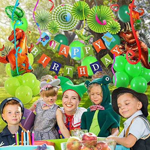 Dinosaur Birthday Party Decoration Set, 92 Pcs Set With Dinosaur Themed Party Favors Include Dinosaurs Balloons, Happy Birthday Banner,Backdrop,Paper Fan,Curtains,Pump Perfect For Your Kid's Party