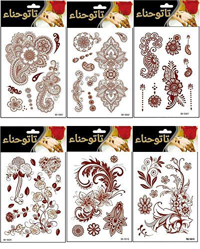 Adecco LLC 6 Sheets Flower Henna Temporary Tattoos