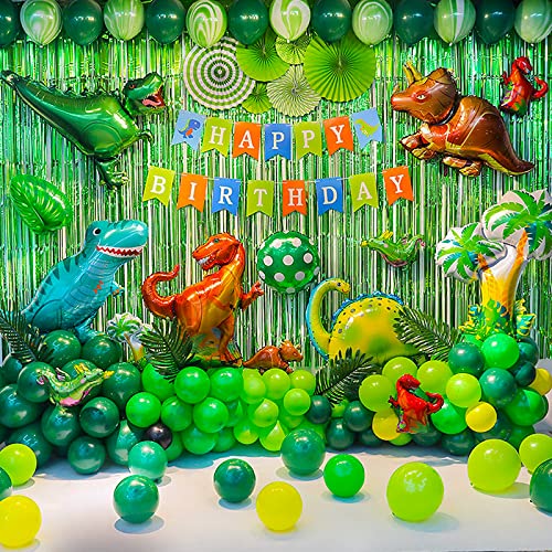 Dinosaur Birthday Party Decoration Set, 92 Pcs Set With Dinosaur Themed Party Favors Include Dinosaurs Balloons, Happy Birthday Banner,Backdrop,Paper Fan,Curtains,Pump Perfect For Your Kid's Party