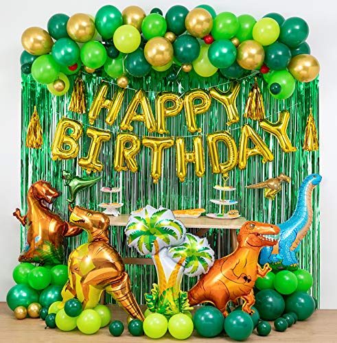 Dinosaur Birthday Party Decorations&Balloons Arch Garland Kit(Gold,Green),Dinosaurs Balloons,Happy Birthday Balloons,Curtains,for Dino Themed Kid's Party,Shower,Celebration.