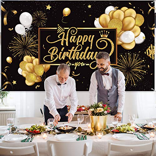 Happy Birthday Backdrop Banner Large Black Gold Balloon Star Fireworks Party Sign Poster Photo Booth Backdrop for Men Women 30th 40th 50th 60th 70th 80th Birthday Party Decorations, 72.8 x 43.3 Inch