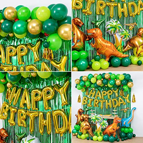 Dinosaur Birthday Party Decorations&Balloons Arch Garland Kit(Gold,Green),Dinosaurs Balloons,Happy Birthday Balloons,Curtains,for Dino Themed Kid's Party,Shower,Celebration.