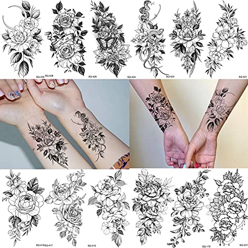 Yezunir 32 Sheets Sexy Realistic Rose Flower Temporary Tattoos