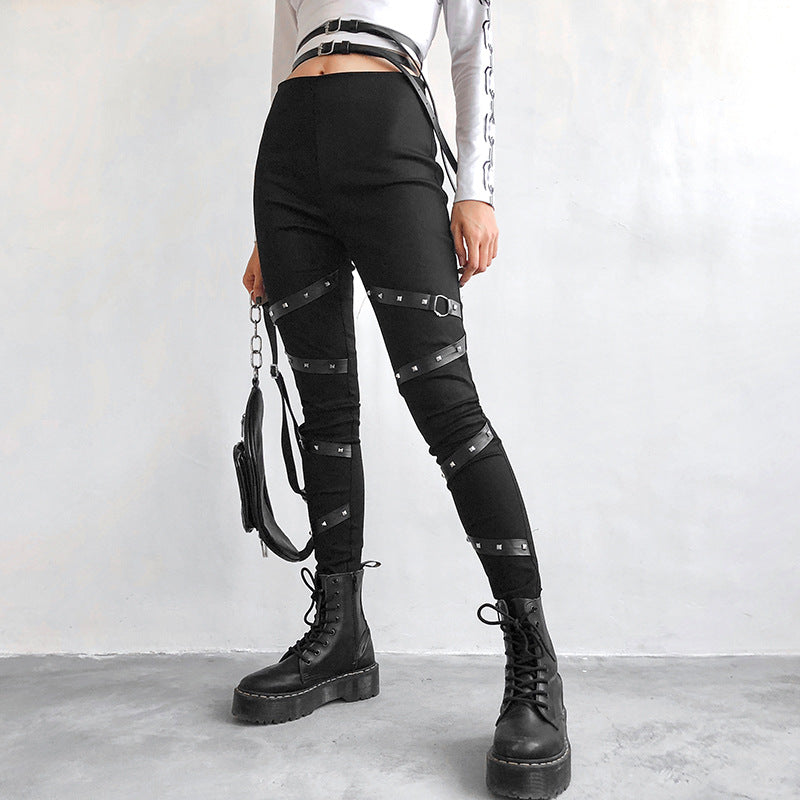 Gothic Ribbon Leggings with Rivet Patchwork for Women